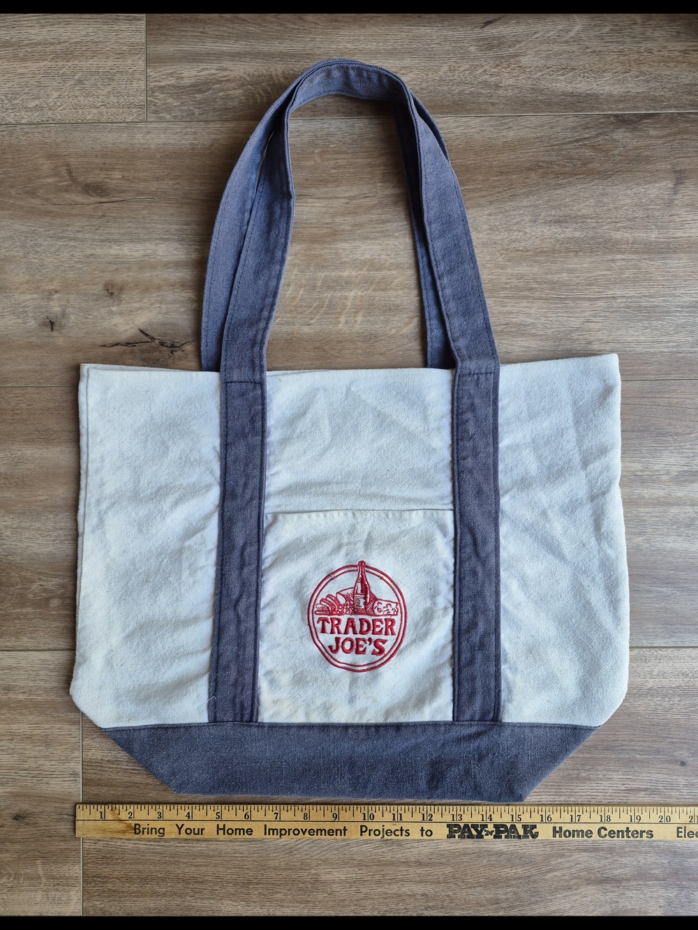 Vintage Trader Joe's Large Canvas Tote Bag Embroidered Front Pocket Denim - Picture 4 of 7